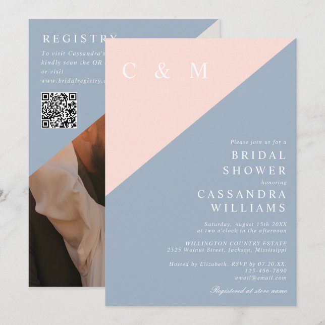 Blush Dusty Blue Foto QR Code Brautparty Einladung (Vorne/Hinten)