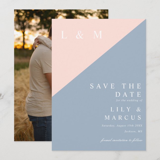 Blush Dusty Blue Minimalistisch Monogram Wedding F Save The Date (Vorne/Hinten)