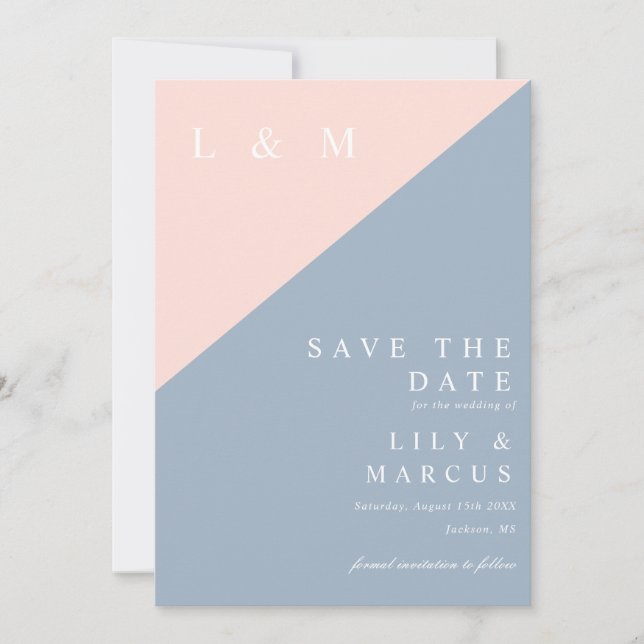 Blush Dusty Blue Minimalistisch Monogram Wedding Save The Date (Vorderseite)