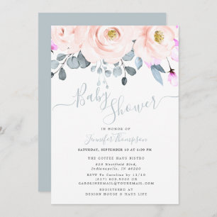 Blush & Dusty Blue Watercolor Blues Floral Baby Du Einladung