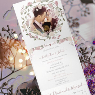 Blush Dusty Pink Earthy Hues Peony Floral Wedding Dreifach Gefaltete Einladung