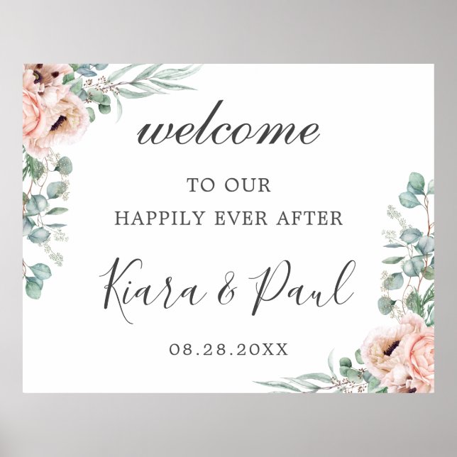 Blush Dusty Pink Floral Eukalyptus Wedding Willkom Poster (Vorne)