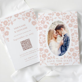 Blush Dusty Pink Foto QR Code Website Folk Floral Save The Date