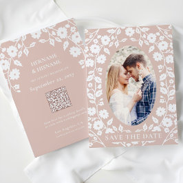 Blush Dusty Pink Foto QR Code Website Folk Floral Save The Date