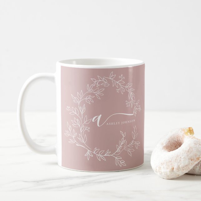 Blush Dusty Pink Girly Script Monogram Name Modern Kaffeetasse (Mit Donut)