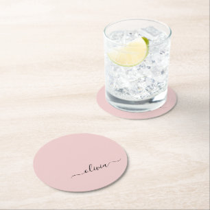 Blush Dusty Pink Modern Script Girl Monogram Name Runder Pappuntersetzer