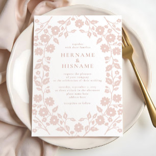 Blush Dusty Pink Simple Modern Folk Floral Wedding Einladung