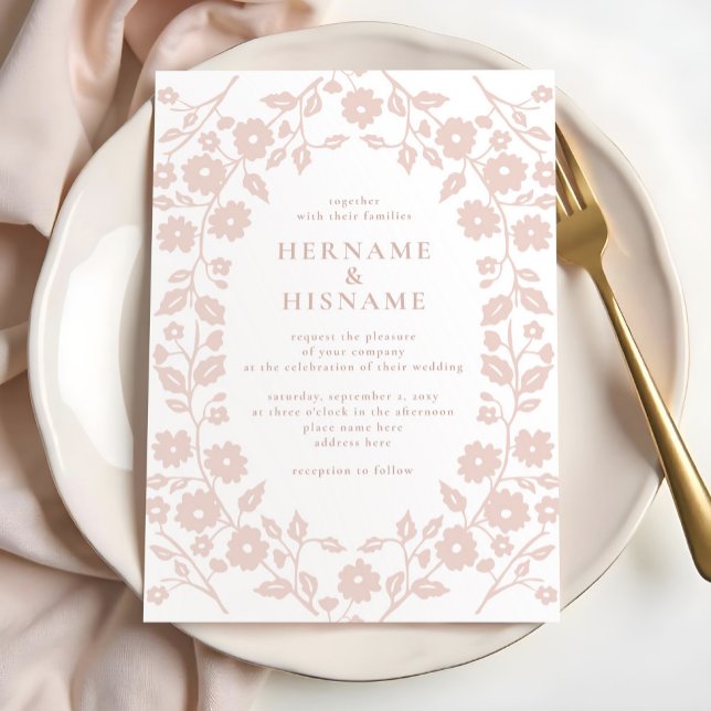 Blush Dusty Pink Simple Modern Folk Floral Wedding Einladung (Von Creator hochgeladen)