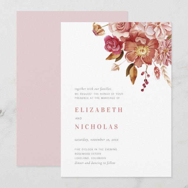 Blush Elegante Hochzeit mit floralen Watercolor Einladung (Vorne/Hinten)