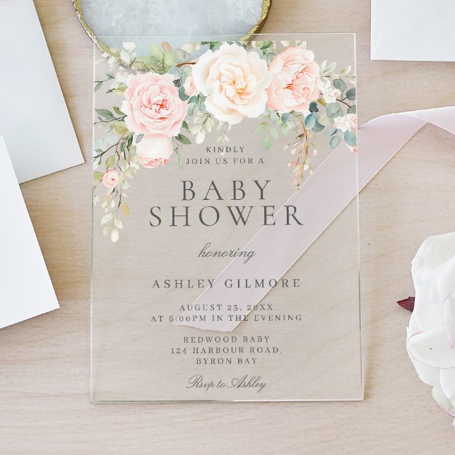 Blush & Elfenbeinfloral Wasserfarbe Babydusche Acryleinladungen (Von Creator hochgeladen)