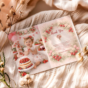 Blush Erdbeere Vintage Garten 1. Geburtstag Dankeskarte