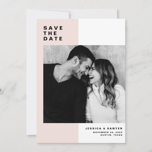 Blush-Farbblock mit modernem Typografie-Foto Save The Date (Vorderseite)