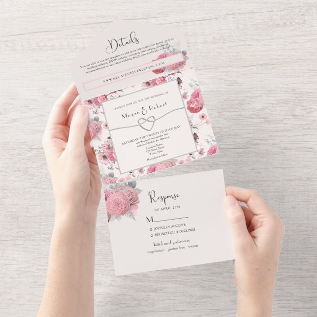 Blush Floral All-in-One Hochzeitsempfang All In One Einladung (Abreißen)