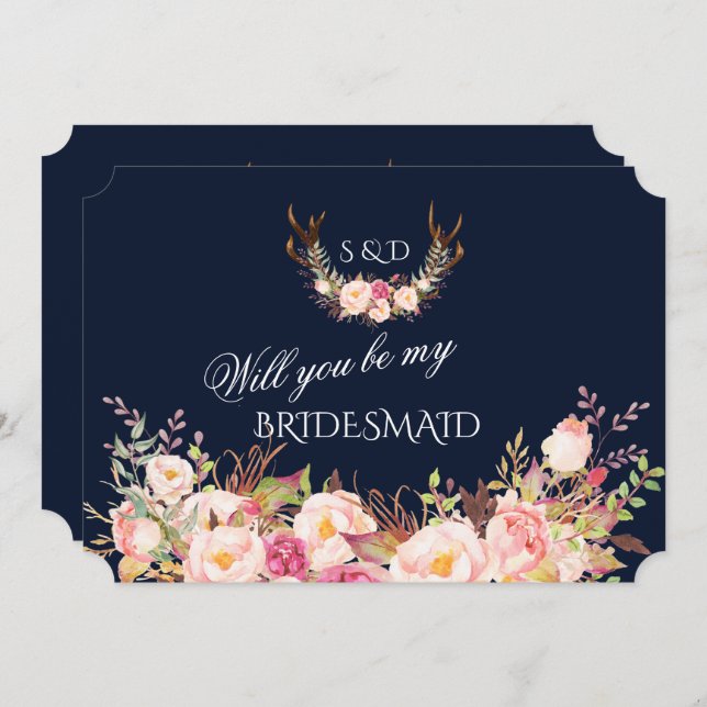 Blush Floral Antlers wirst du meine Bridesmaid sei Einladung (Vorne/Hinten)