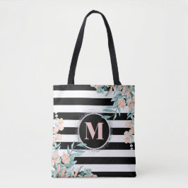 Blush Floral auf Schwarz-Weiß-Streifen Monogramm