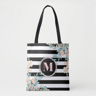 Blush Floral auf Schwarz-Weiß-Streifen Monogramm