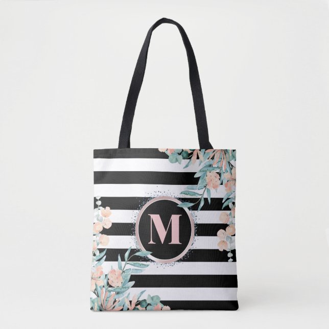 Blush Floral auf Schwarz-Weiß-Streifen Monogramm (Vorderseite)