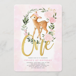 Blush Floral Baby Deer Fawn Girl 1. Geburtstag Einladung