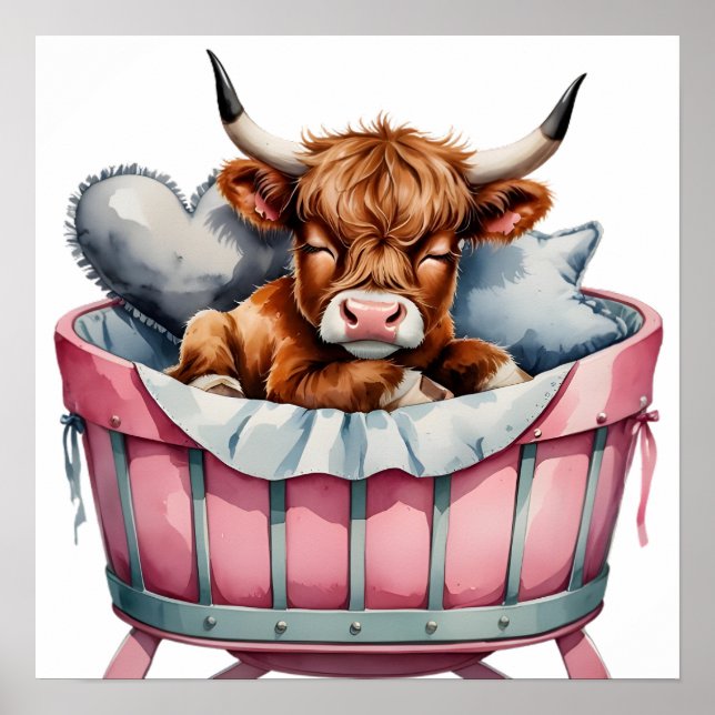 Blush Floral Baby Highland Cow Poster (Vorne)