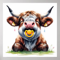 Blush Floral Baby Highland Cow Poster