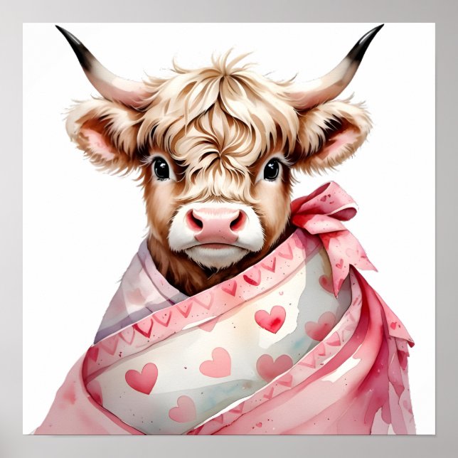 Blush Floral Baby Highland Cow Poster (Vorne)