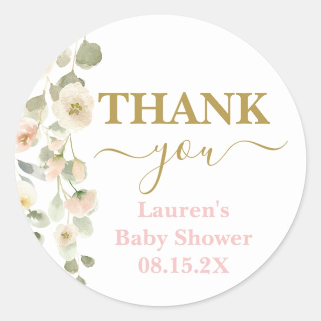 Blush Floral Baby Shower Classic Round Sticker (Vorderseite)