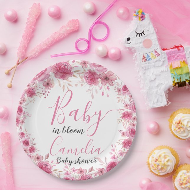 Blush Floral Baby Shower Paper Plate Pappteller (Party)