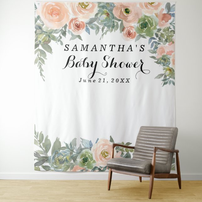 Blush Floral Baby Shower Photo Booth Wandteppich (Beispiel)