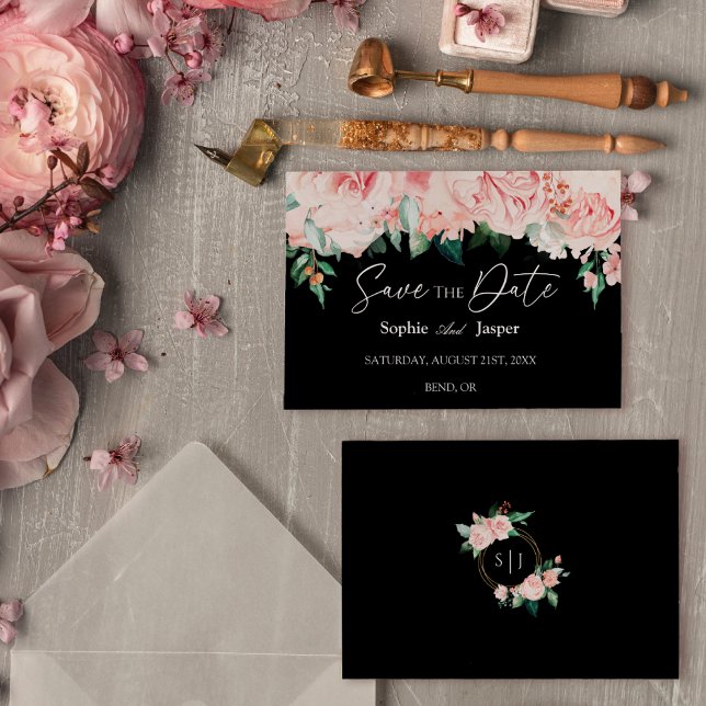 Blush Floral Black Flal Save the Date Karte (Von Creator hochgeladen)
