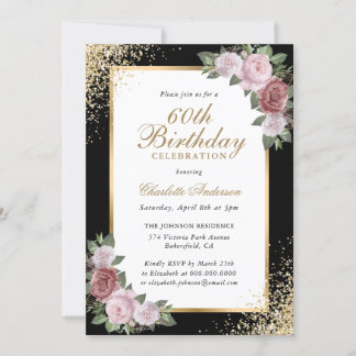 Blush Floral Black Gold Confetti 60. Geburtstag Einladung