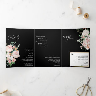 Blush Floral Black Tri-Fold Hochzeit Einladung