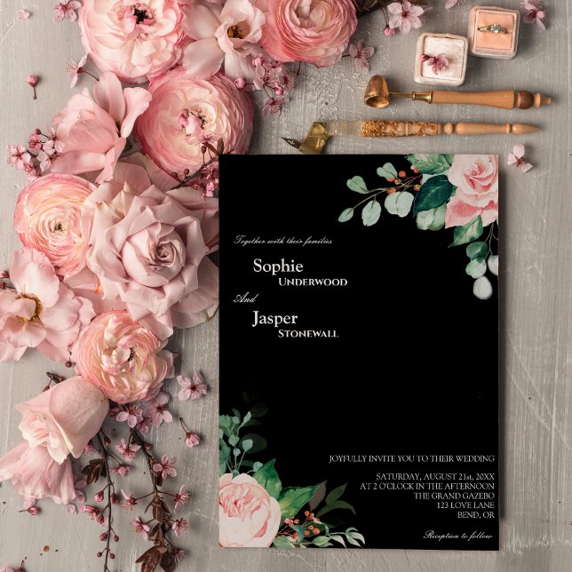 Blush Floral Black Wedding Einladung (Von Creator hochgeladen)