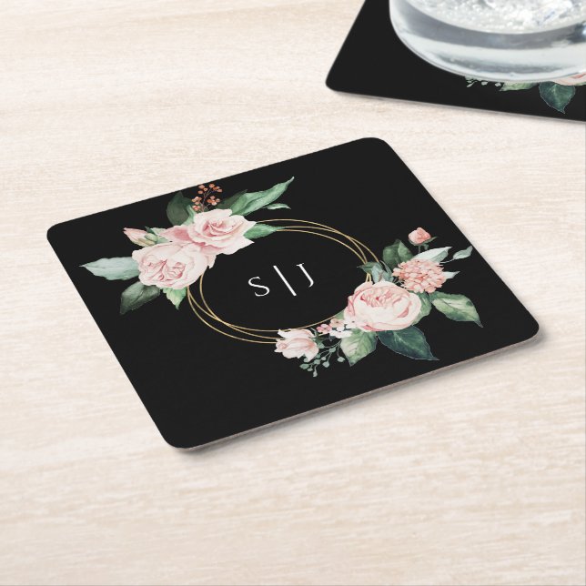 Blush Floral Black Wedgram Rechteckiger Pappuntersetzer (angewinkelt)