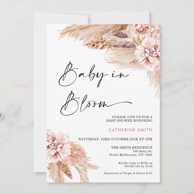 Blush Floral Boho Pampas Grass Baby in Blüte Einladung (Vorderseite)