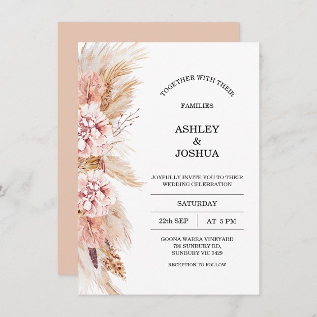 Blush Floral Boho Pampas Grass Einladung Hochzeit (Vorne/Hinten)
