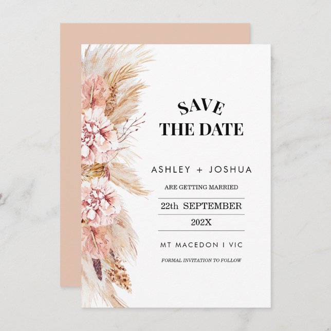 Blush Floral Boho Pampas Grass Save the Date Karte (Vorne/Hinten)