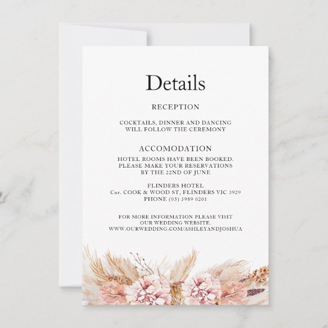 Blush Floral Boho Pampas Wedding Details Card Einladung (Vorderseite)