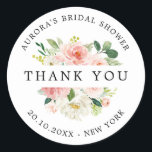 Blush Floral Botanisches Brautparty vielen Dank Runder Aufkleber<br><div class="desc">Elegantes Rosa/Pfirsichblütenfrühstück botanisches Brautparty bedankt sich bei einem Aufkleber mit einem Strauß von weichen pastellfarbenen Aquarellfarben, Peonies und Hydrangeas in den Farbtönen Rosa, Pfirsich und Creme mit üppig grünen botanischen Blätter und Eukalyptus-Blätter. Eine moderne Design-Wahl, die sich perfekt für den Frühling und Sommer Salbei Blütenrosa thematischen Hochzeiten. Weitere passende Designs...</div>