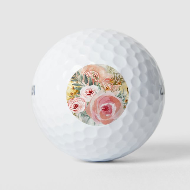 Blush Floral Bouquet Wasserfarbe Rustikale Holzpam Golfball (Vorderseite)