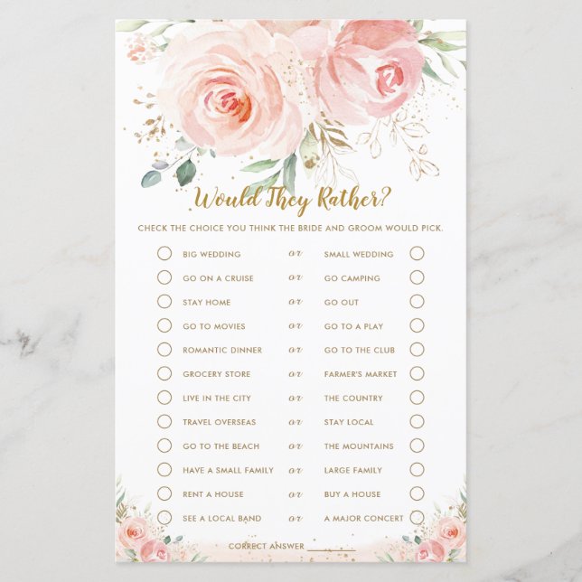 Blush Floral Brautparty würden sie eher spielen (Vorderseite)