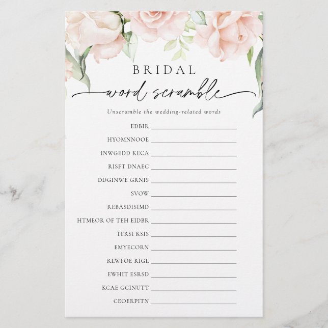 Blush Floral Bridal Word Scramble Showspiel (Vorderseite)
