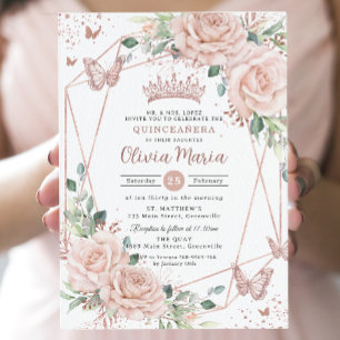 Blush Floral Butterfett Rose Gold Quinceañera Einladung