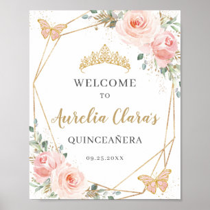 Blush Floral Butterfliegen Quinceanera Birthday Poster