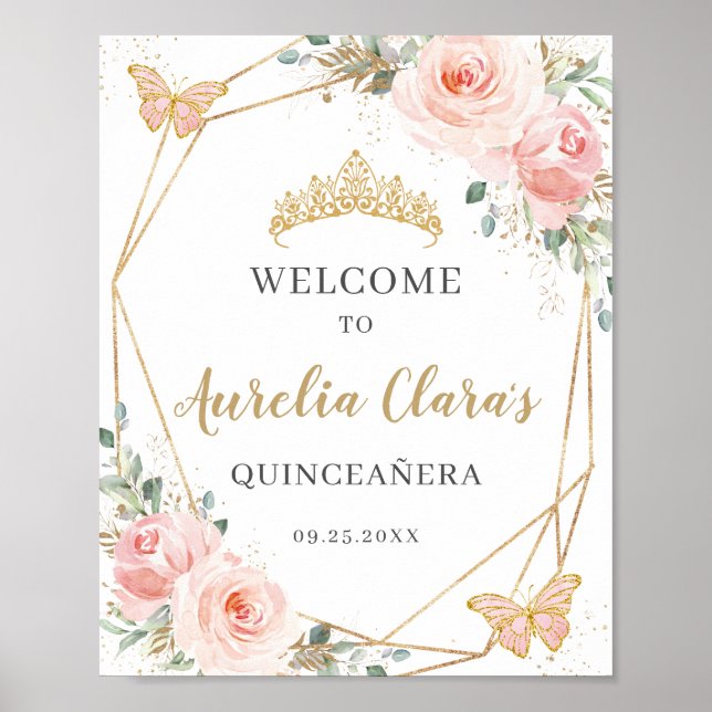 Blush Floral Butterfliegen Quinceanera Birthday Poster (Vorne)
