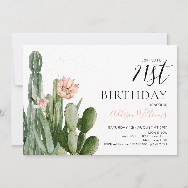 Blush Floral Cactus succulents 21. Geburtstag  Einladung (Vorderseite)
