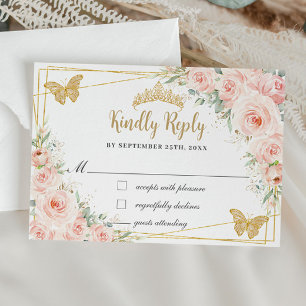 Blush Floral Champagne Quinceañera Butterfly Reput RSVP Karte