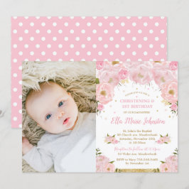 Blush Floral Christening 1. Geburtstag Party Foto Einladung