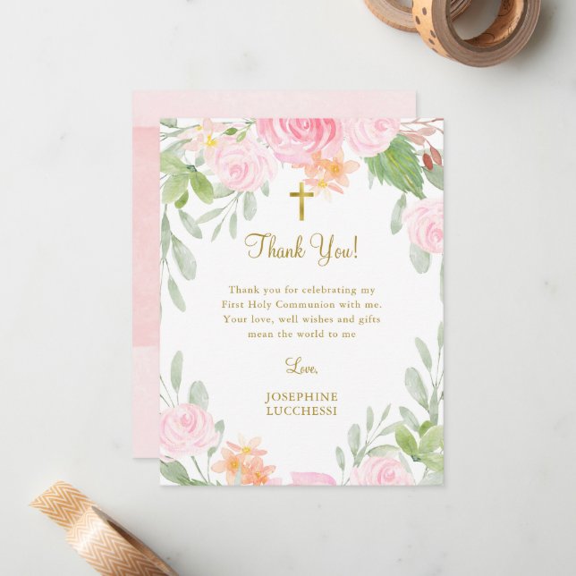 Blush Floral Communion oder Taufe Vielen Dank Mitteilungskarte (Vorderseite/Rückseite Beispiel)
