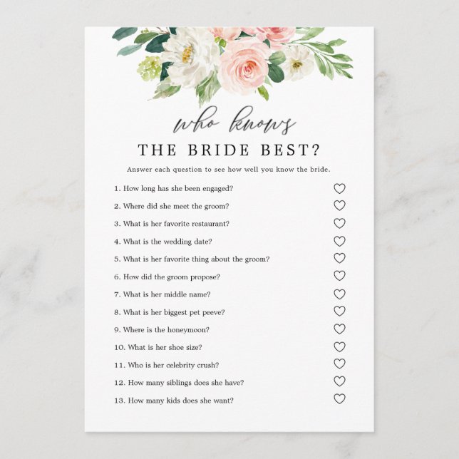 Blush Floral, der das Bride Game Printable kennt Einladung (Vorderseite)