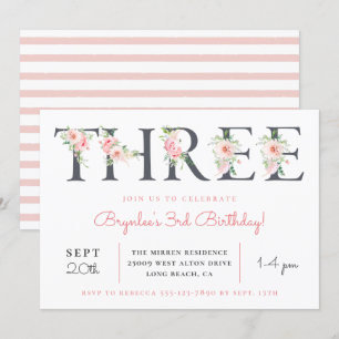 Blush Floral DREI   3. Geburtstag Party Einladung